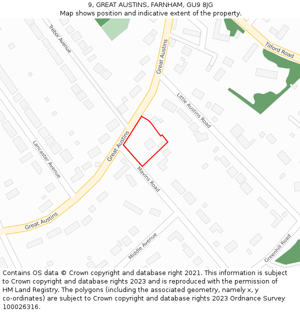 9, GREAT AUSTINS, FARNHAM, GU9 8JG: Location map and indicative extent of plot