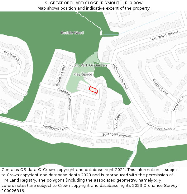 9, GREAT ORCHARD CLOSE, PLYMOUTH, PL9 9QW: Location map and indicative extent of plot
