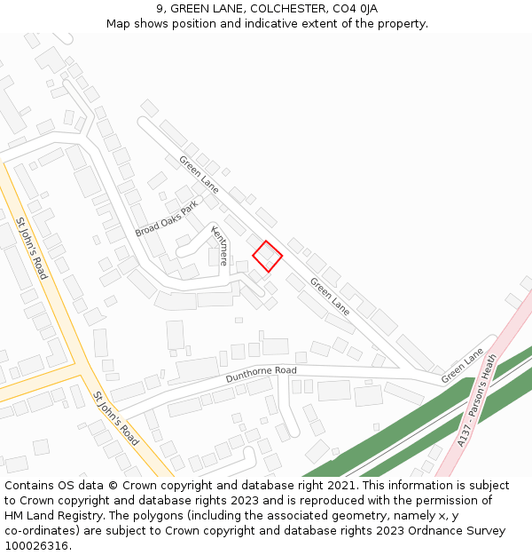 9, GREEN LANE, COLCHESTER, CO4 0JA: Location map and indicative extent of plot