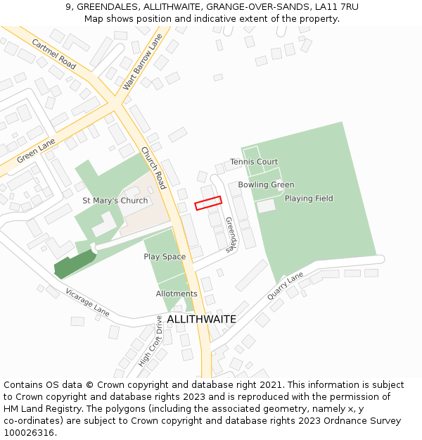 9, GREENDALES, ALLITHWAITE, GRANGE-OVER-SANDS, LA11 7RU: Location map and indicative extent of plot
