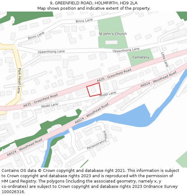 9, GREENFIELD ROAD, HOLMFIRTH, HD9 2LA: Location map and indicative extent of plot