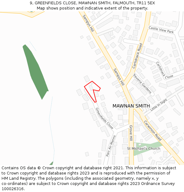 9, GREENFIELDS CLOSE, MAWNAN SMITH, FALMOUTH, TR11 5EX: Location map and indicative extent of plot