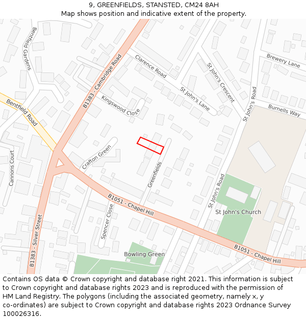 9, GREENFIELDS, STANSTED, CM24 8AH: Location map and indicative extent of plot