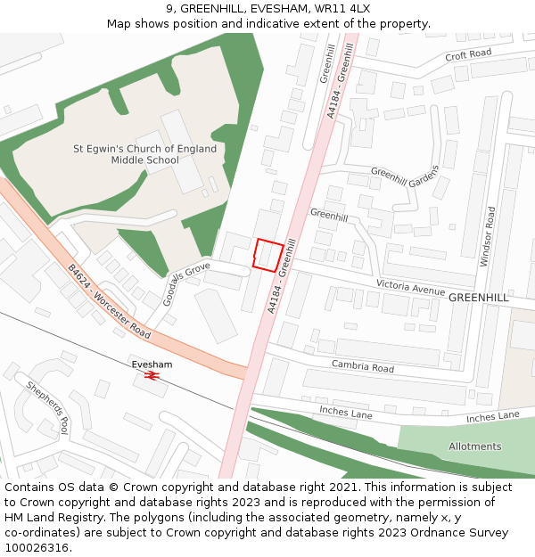 9, GREENHILL, EVESHAM, WR11 4LX: Location map and indicative extent of plot