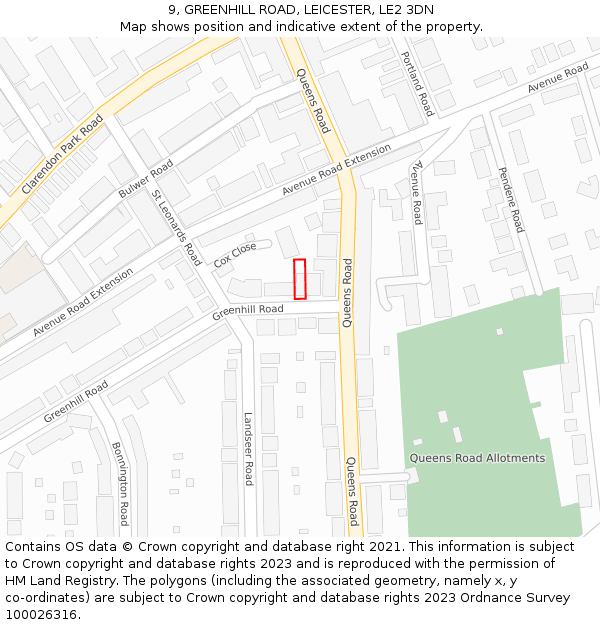 9, GREENHILL ROAD, LEICESTER, LE2 3DN: Location map and indicative extent of plot