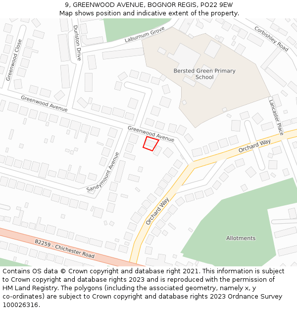 9, GREENWOOD AVENUE, BOGNOR REGIS, PO22 9EW: Location map and indicative extent of plot