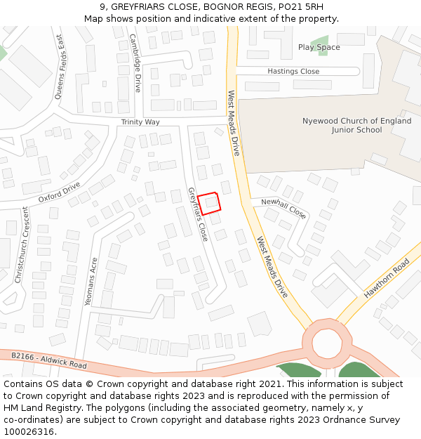 9, GREYFRIARS CLOSE, BOGNOR REGIS, PO21 5RH: Location map and indicative extent of plot