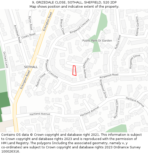 9, GRIZEDALE CLOSE, SOTHALL, SHEFFIELD, S20 2DP: Location map and indicative extent of plot
