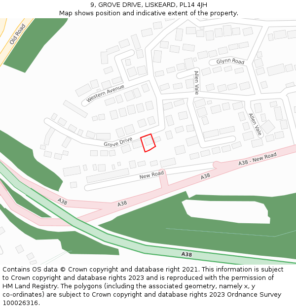 9, GROVE DRIVE, LISKEARD, PL14 4JH: Location map and indicative extent of plot