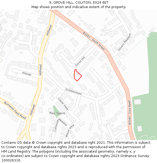 9, GROVE HILL, COLYTON, EX24 6ET: Location map and indicative extent of plot