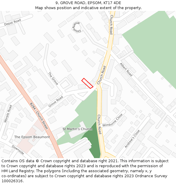 9, GROVE ROAD, EPSOM, KT17 4DE: Location map and indicative extent of plot
