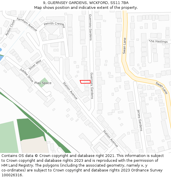 9, GUERNSEY GARDENS, WICKFORD, SS11 7BA: Location map and indicative extent of plot