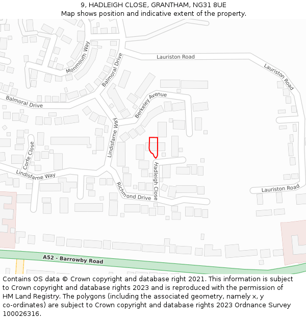 9, HADLEIGH CLOSE, GRANTHAM, NG31 8UE: Location map and indicative extent of plot