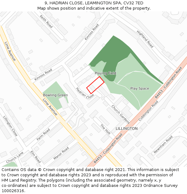 9, HADRIAN CLOSE, LEAMINGTON SPA, CV32 7ED: Location map and indicative extent of plot