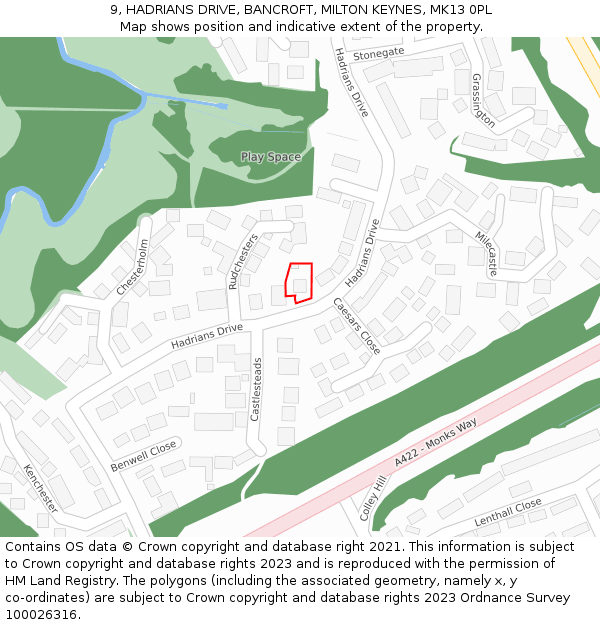 9, HADRIANS DRIVE, BANCROFT, MILTON KEYNES, MK13 0PL: Location map and indicative extent of plot