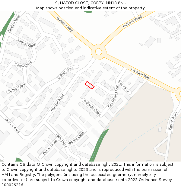 9, HAFOD CLOSE, CORBY, NN18 8NU: Location map and indicative extent of plot