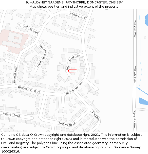 9, HALDYNBY GARDENS, ARMTHORPE, DONCASTER, DN3 3SY: Location map and indicative extent of plot