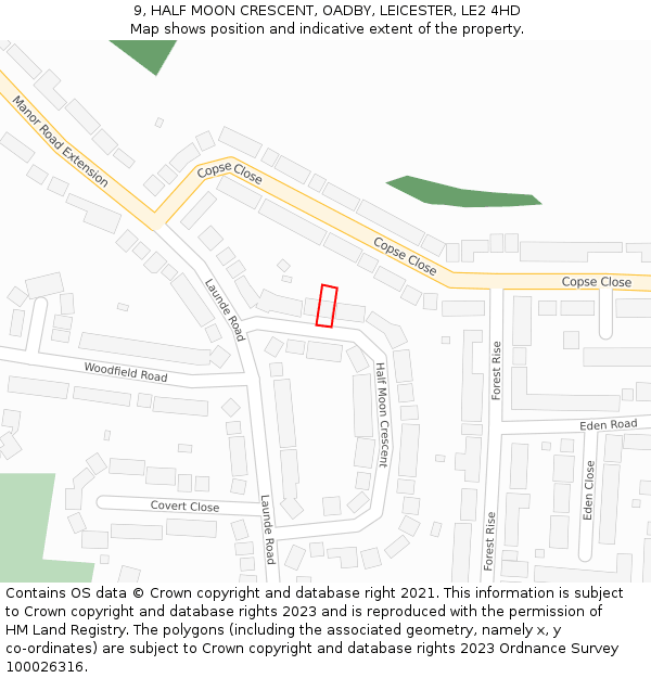 9, HALF MOON CRESCENT, OADBY, LEICESTER, LE2 4HD: Location map and indicative extent of plot