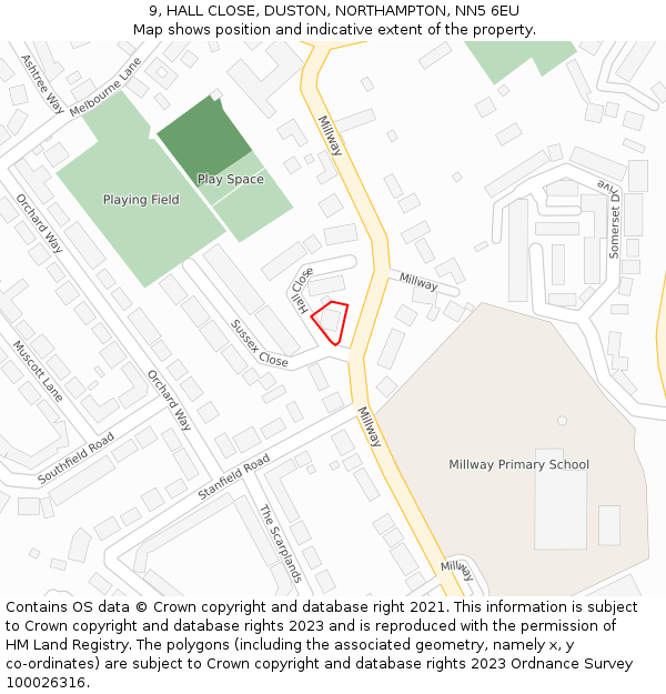 9, HALL CLOSE, DUSTON, NORTHAMPTON, NN5 6EU: Location map and indicative extent of plot