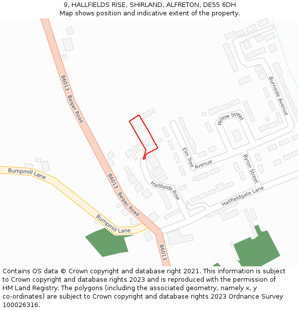 9, HALLFIELDS RISE, SHIRLAND, ALFRETON, DE55 6DH: Location map and indicative extent of plot