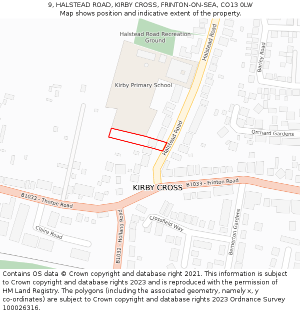 9, HALSTEAD ROAD, KIRBY CROSS, FRINTON-ON-SEA, CO13 0LW: Location map and indicative extent of plot