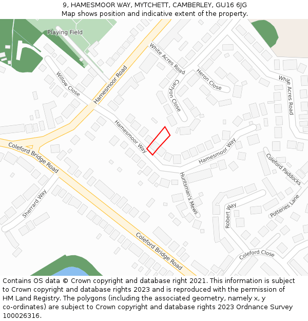 9, HAMESMOOR WAY, MYTCHETT, CAMBERLEY, GU16 6JG: Location map and indicative extent of plot