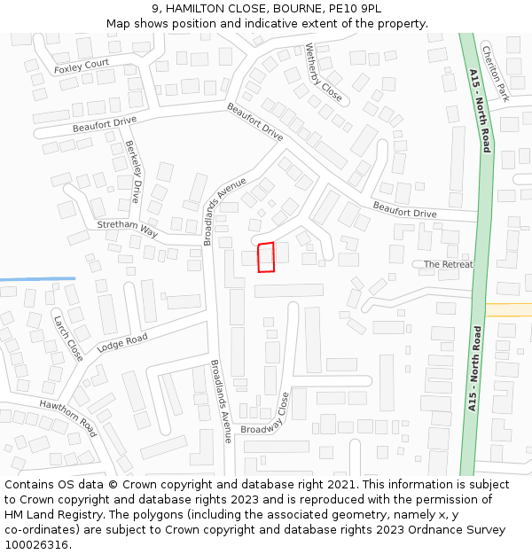 9, HAMILTON CLOSE, BOURNE, PE10 9PL: Location map and indicative extent of plot