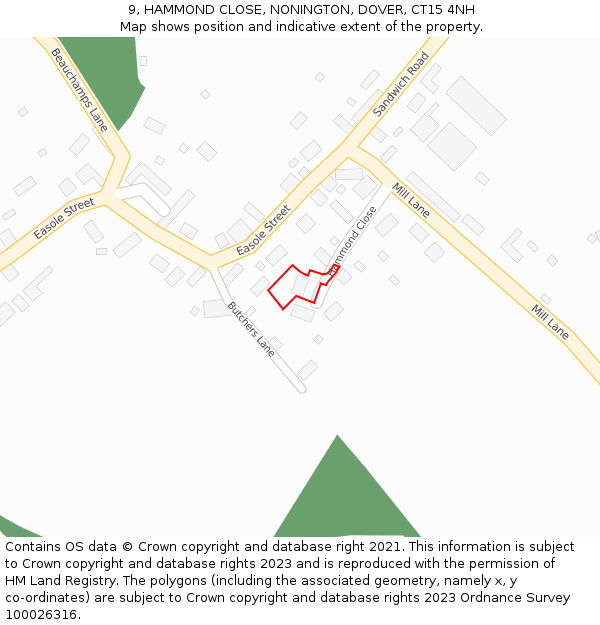 9, HAMMOND CLOSE, NONINGTON, DOVER, CT15 4NH: Location map and indicative extent of plot