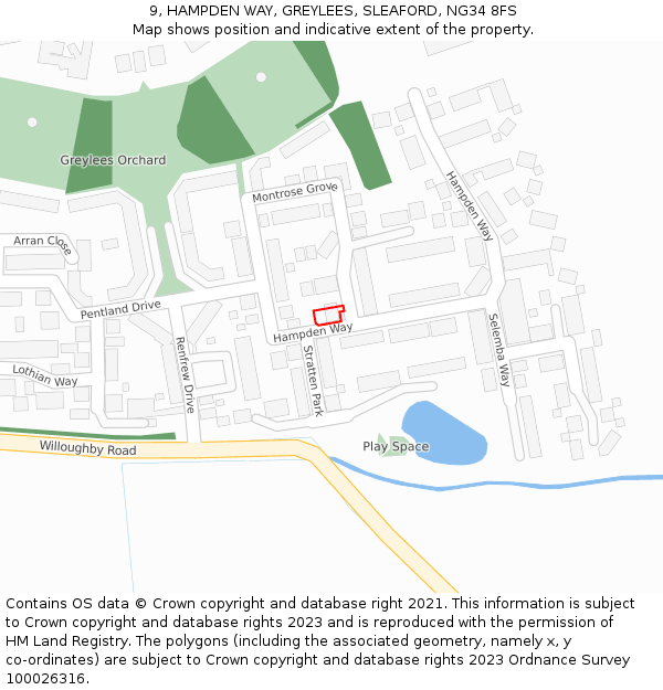 9, HAMPDEN WAY, GREYLEES, SLEAFORD, NG34 8FS: Location map and indicative extent of plot