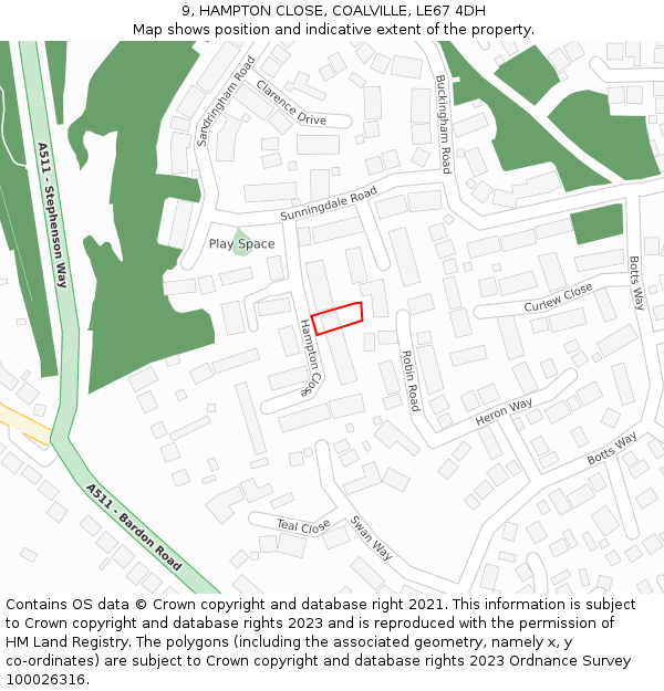 9, HAMPTON CLOSE, COALVILLE, LE67 4DH: Location map and indicative extent of plot