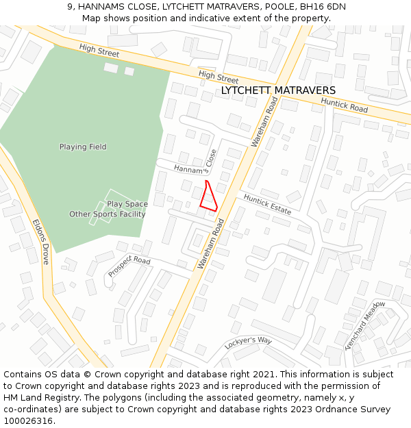 9, HANNAMS CLOSE, LYTCHETT MATRAVERS, POOLE, BH16 6DN: Location map and indicative extent of plot