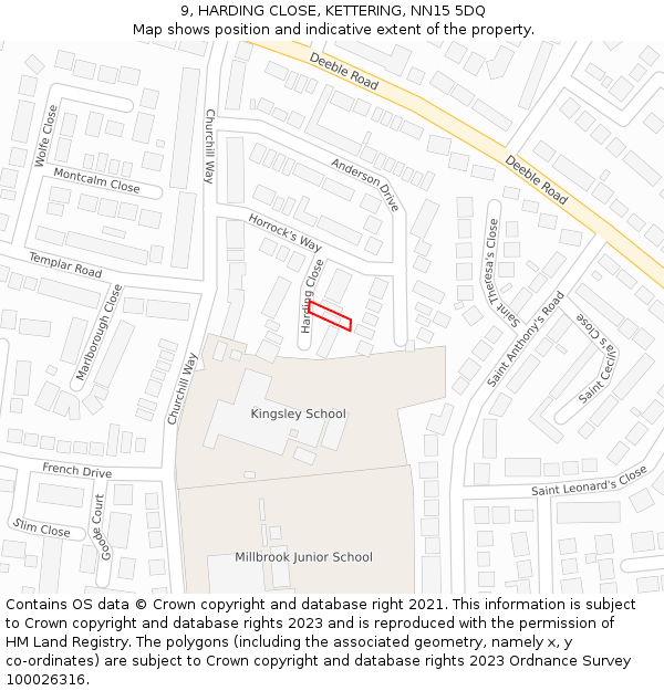 9, HARDING CLOSE, KETTERING, NN15 5DQ: Location map and indicative extent of plot