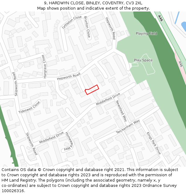 9, HARDWYN CLOSE, BINLEY, COVENTRY, CV3 2XL: Location map and indicative extent of plot