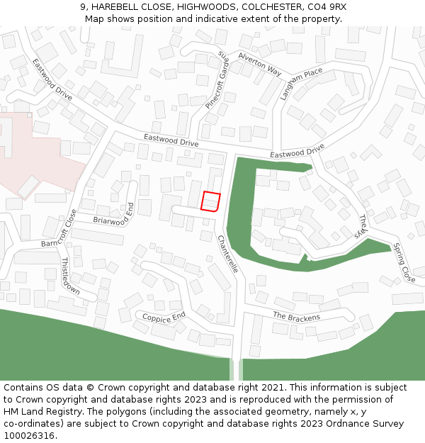 9, HAREBELL CLOSE, HIGHWOODS, COLCHESTER, CO4 9RX: Location map and indicative extent of plot