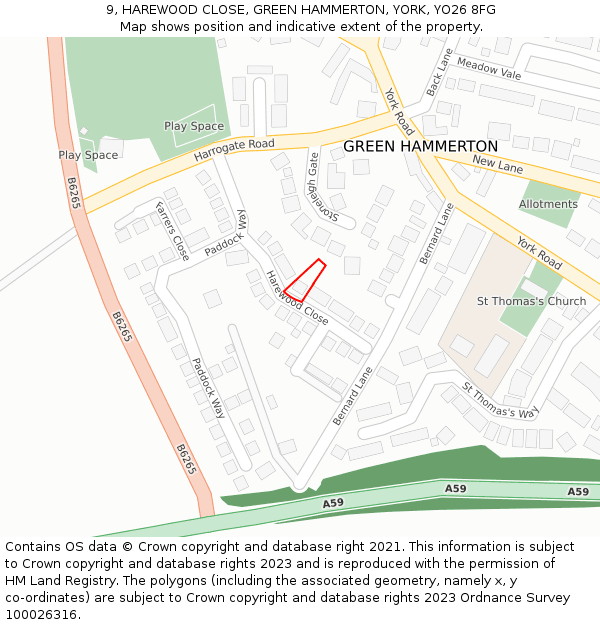 9, HAREWOOD CLOSE, GREEN HAMMERTON, YORK, YO26 8FG: Location map and indicative extent of plot