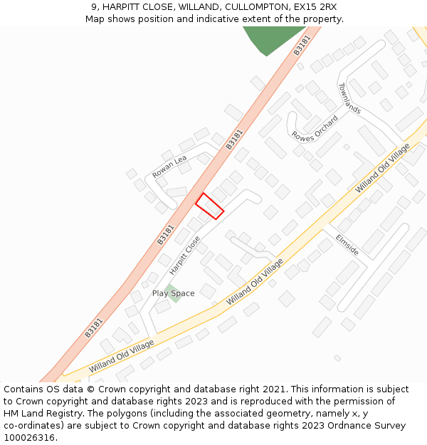 9, HARPITT CLOSE, WILLAND, CULLOMPTON, EX15 2RX: Location map and indicative extent of plot