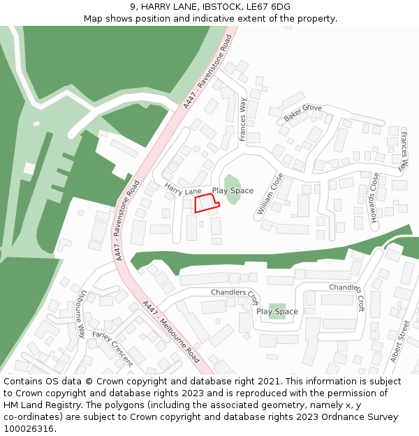 9, HARRY LANE, IBSTOCK, LE67 6DG: Location map and indicative extent of plot