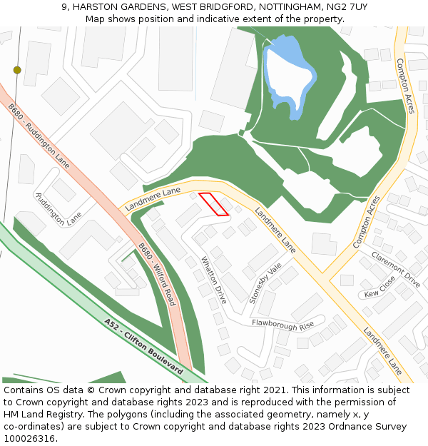 9, HARSTON GARDENS, WEST BRIDGFORD, NOTTINGHAM, NG2 7UY: Location map and indicative extent of plot