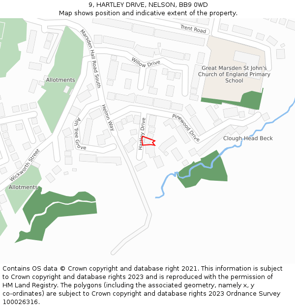 9, HARTLEY DRIVE, NELSON, BB9 0WD: Location map and indicative extent of plot