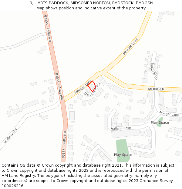 9, HARTS PADDOCK, MIDSOMER NORTON, RADSTOCK, BA3 2SN: Location map and indicative extent of plot