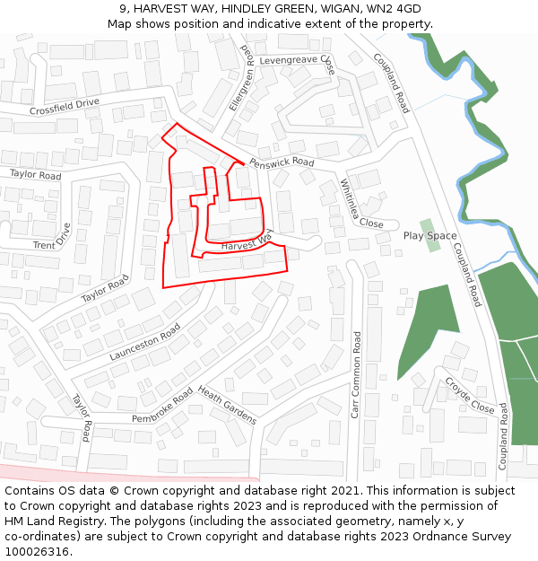 9, HARVEST WAY, HINDLEY GREEN, WIGAN, WN2 4GD: Location map and indicative extent of plot