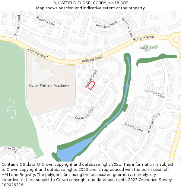 9, HATFIELD CLOSE, CORBY, NN18 8QB: Location map and indicative extent of plot