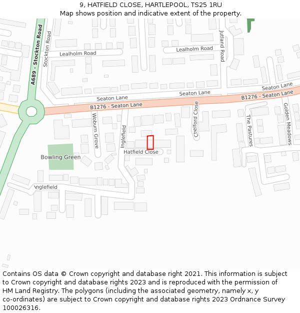 9, HATFIELD CLOSE, HARTLEPOOL, TS25 1RU: Location map and indicative extent of plot