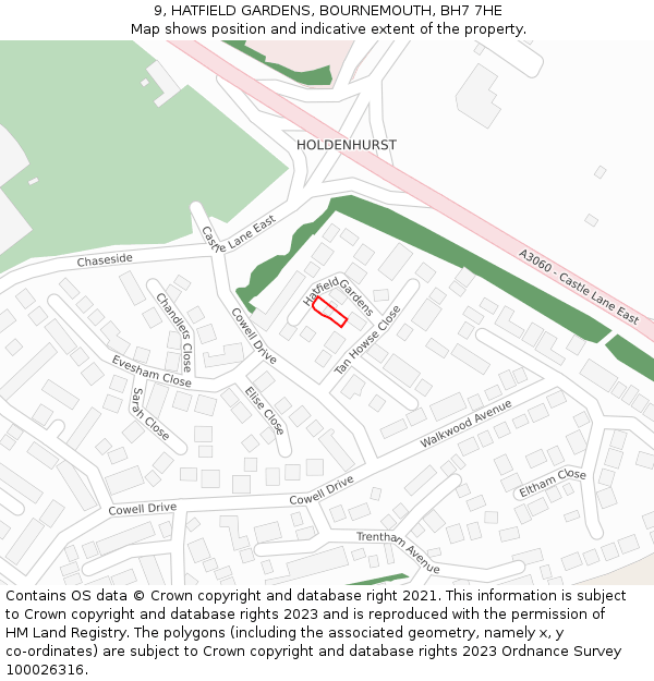 9, HATFIELD GARDENS, BOURNEMOUTH, BH7 7HE: Location map and indicative extent of plot