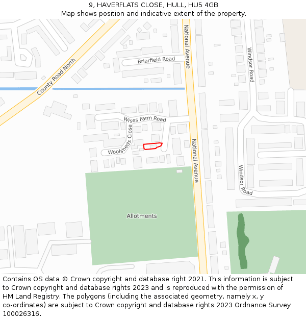 9, HAVERFLATS CLOSE, HULL, HU5 4GB: Location map and indicative extent of plot