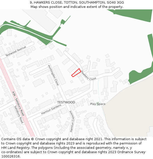 9, HAWKERS CLOSE, TOTTON, SOUTHAMPTON, SO40 3GG: Location map and indicative extent of plot