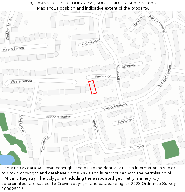 9, HAWKRIDGE, SHOEBURYNESS, SOUTHEND-ON-SEA, SS3 8AU: Location map and indicative extent of plot