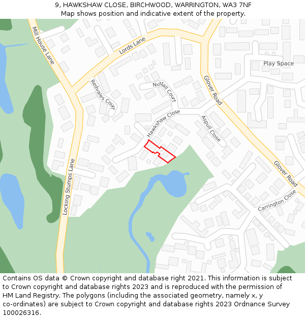 9, HAWKSHAW CLOSE, BIRCHWOOD, WARRINGTON, WA3 7NF: Location map and indicative extent of plot
