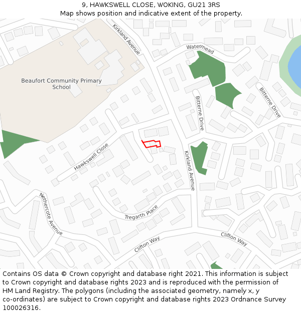 9, HAWKSWELL CLOSE, WOKING, GU21 3RS: Location map and indicative extent of plot