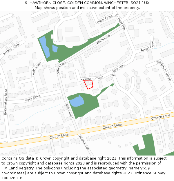 9, HAWTHORN CLOSE, COLDEN COMMON, WINCHESTER, SO21 1UX: Location map and indicative extent of plot